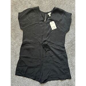 mo:Vint NWT Women's M Black Short Sleeve Romper V Neck Tie Waist